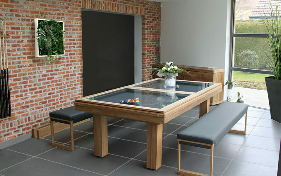 Dining room table converts deals to pool table