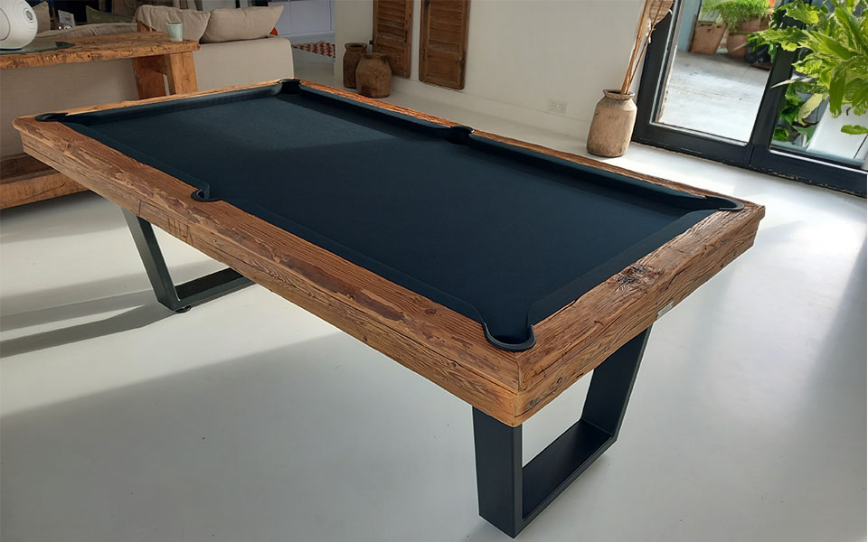 Old wood pool table black cloth Iron - Billards Toulet